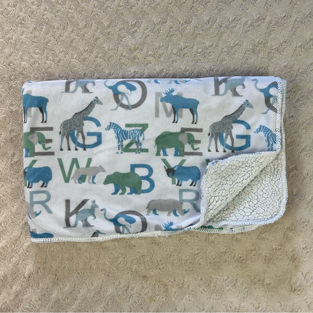SL Home Fashions Animal Alphabet Baby Blanket ABC Letters Blue White Gray Green